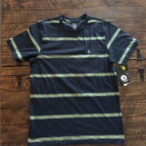 Volcom Navy and Light Green Striped Tee